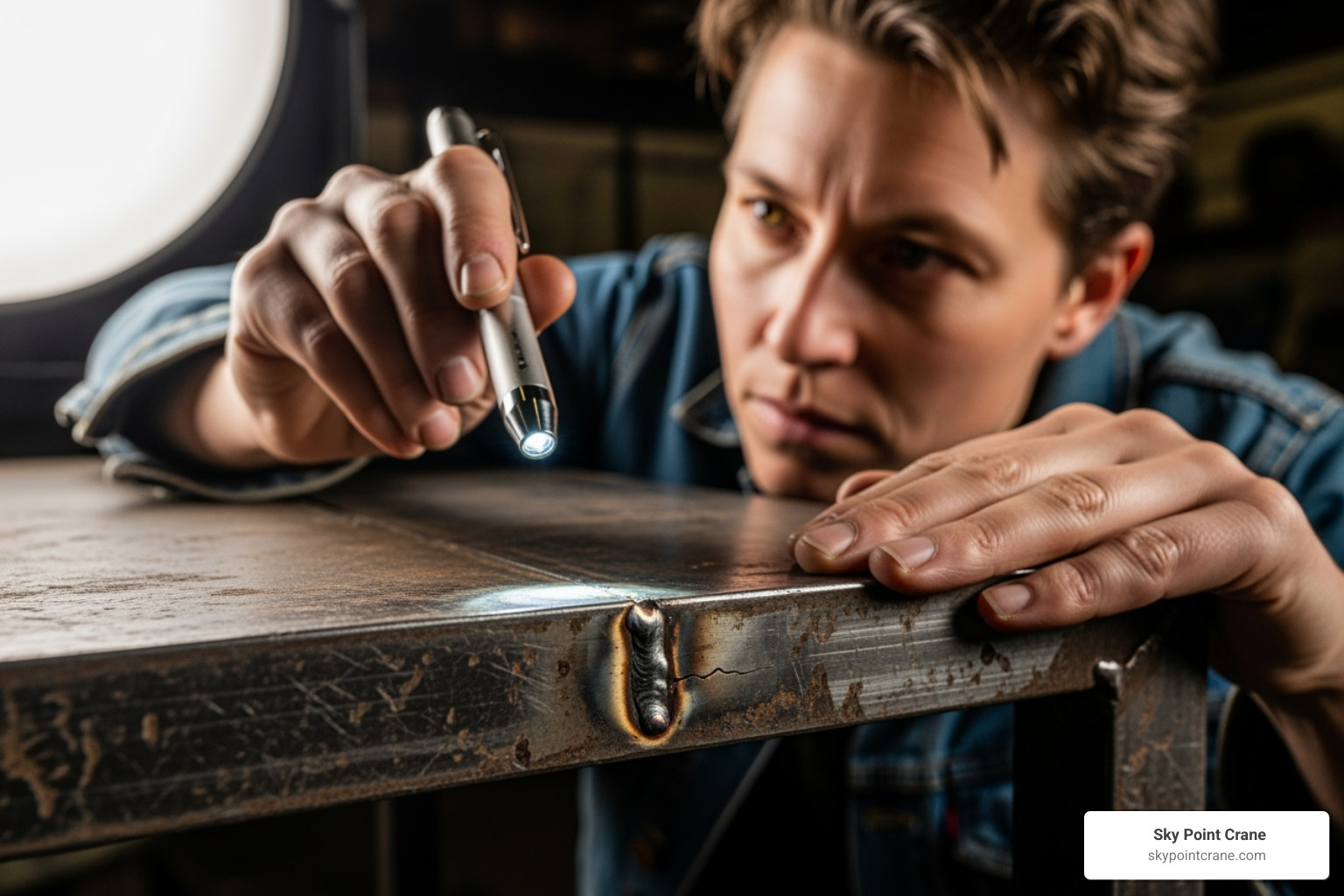 Image of a person inspecting the corner weld of a used shelf for quality - used industrial shelving for sale Image of a person inspecting the corner weld of a used shelf for quality - used industrial shelving for sale