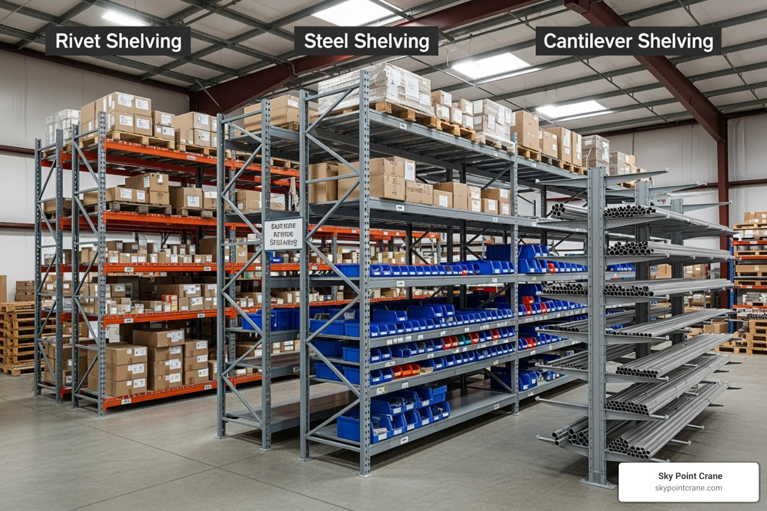 Image of different shelving types like rivet, steel, and cantilever, labeled for clarity - used industrial shelving for sale Image of different shelving types like rivet, steel, and cantilever, labeled for clarity - used industrial shelving for sale
