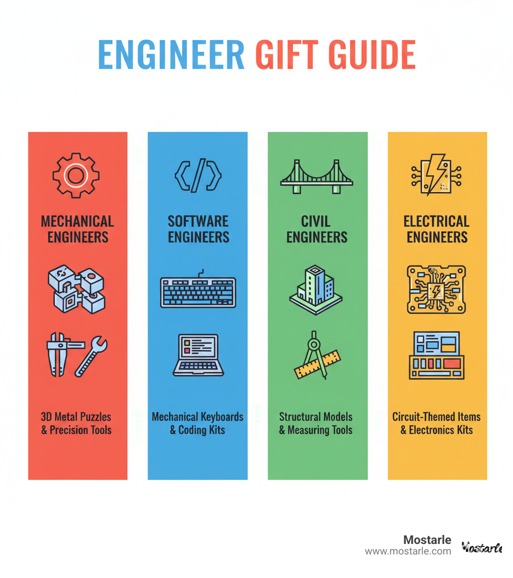 Infographic showing gift categories for different engineer types: Mechanical Engineers prefer 3D metal puzzles and precision tools, Software Engineers enjoy mechanical keyboards and coding kits, Civil Engineers like structural models and measuring tools, and Electrical Engineers appreciate circuit-themed items and electronics kits - gifts for engineers infographic 