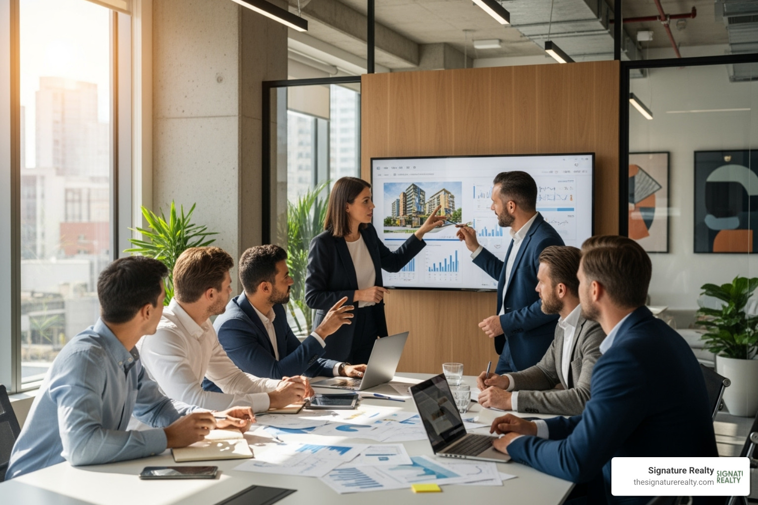 A diverse team of real estate professionals collaborating in a modern office setting - Commercial property consulting A diverse team of real estate professionals collaborating in a modern office setting - Commercial property consulting