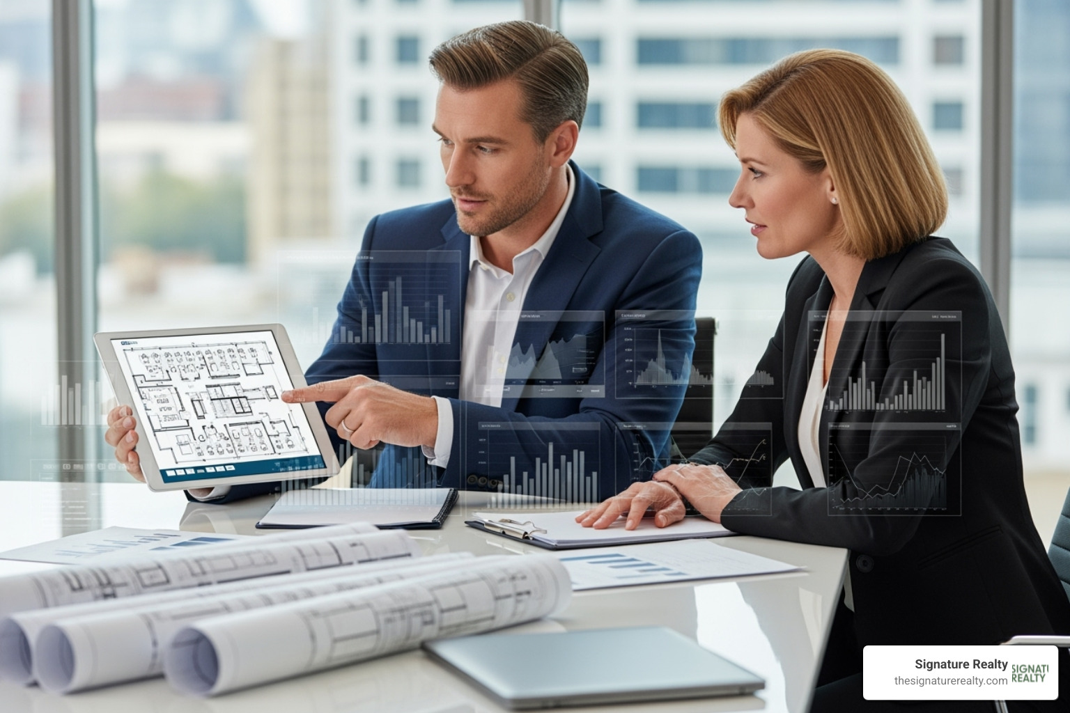 A consultant reviewing blueprints and market data on a tablet with a client - Commercial property consulting A consultant reviewing blueprints and market data on a tablet with a client - Commercial property consulting