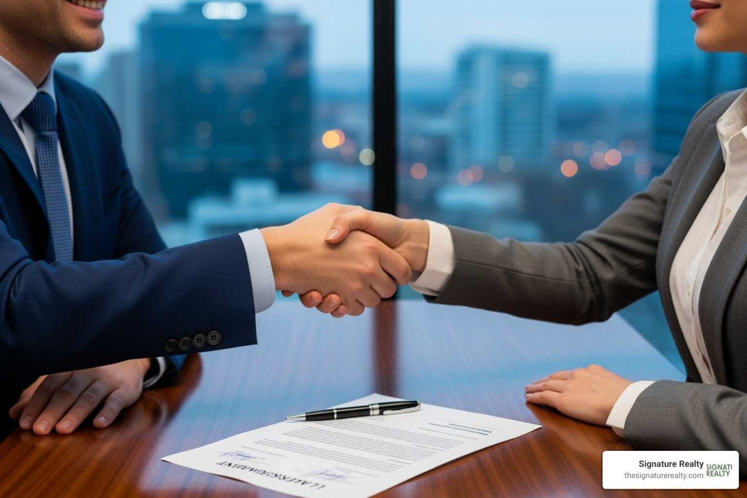 Two people shaking hands across a desk with a signed lease agreement - Commercial property consulting Two people shaking hands across a desk with a signed lease agreement - Commercial property consulting