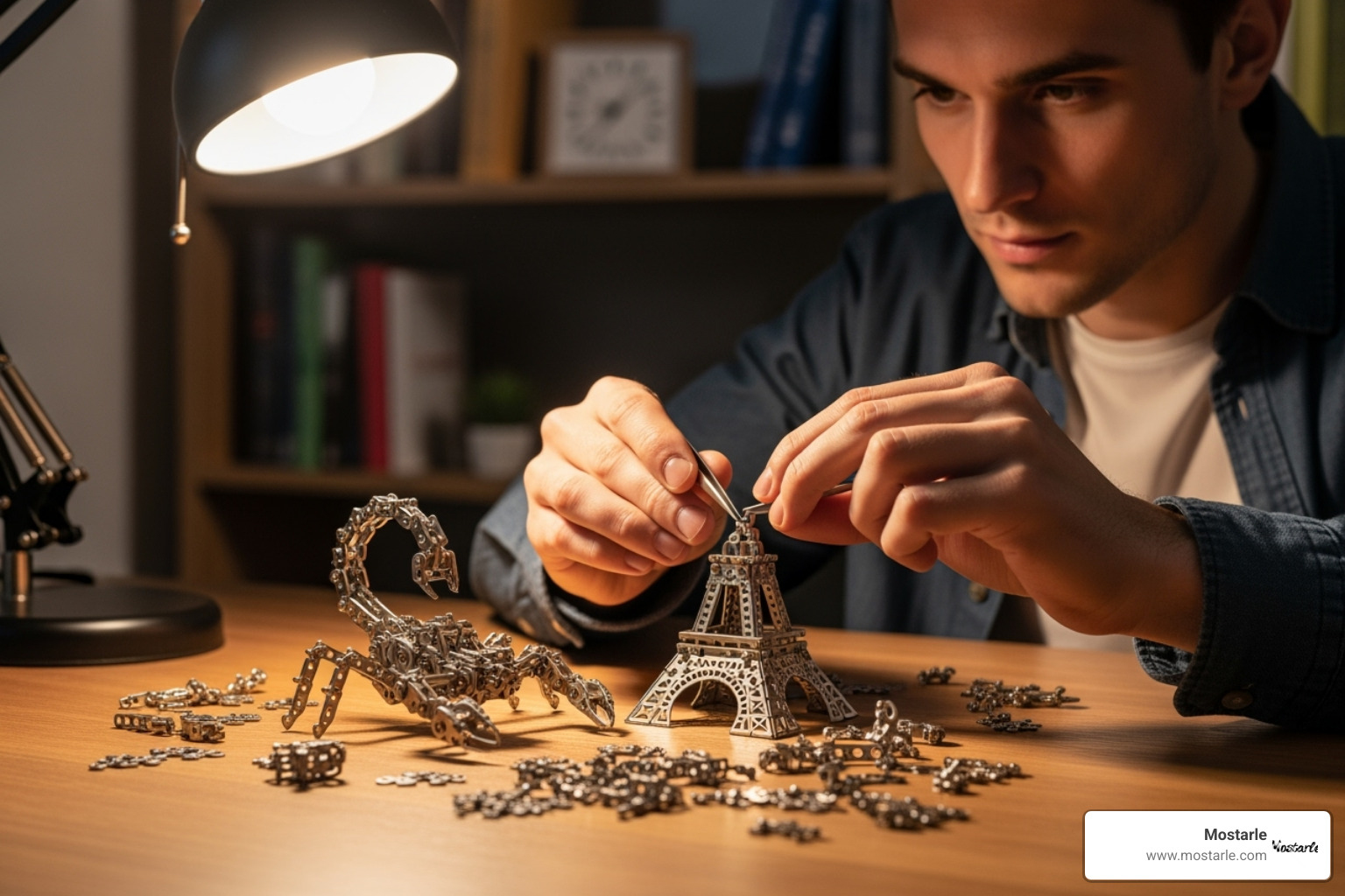 someone assembling a complex Mostarle 3D metal puzzle, looking focused and relaxed - gifts for engineers