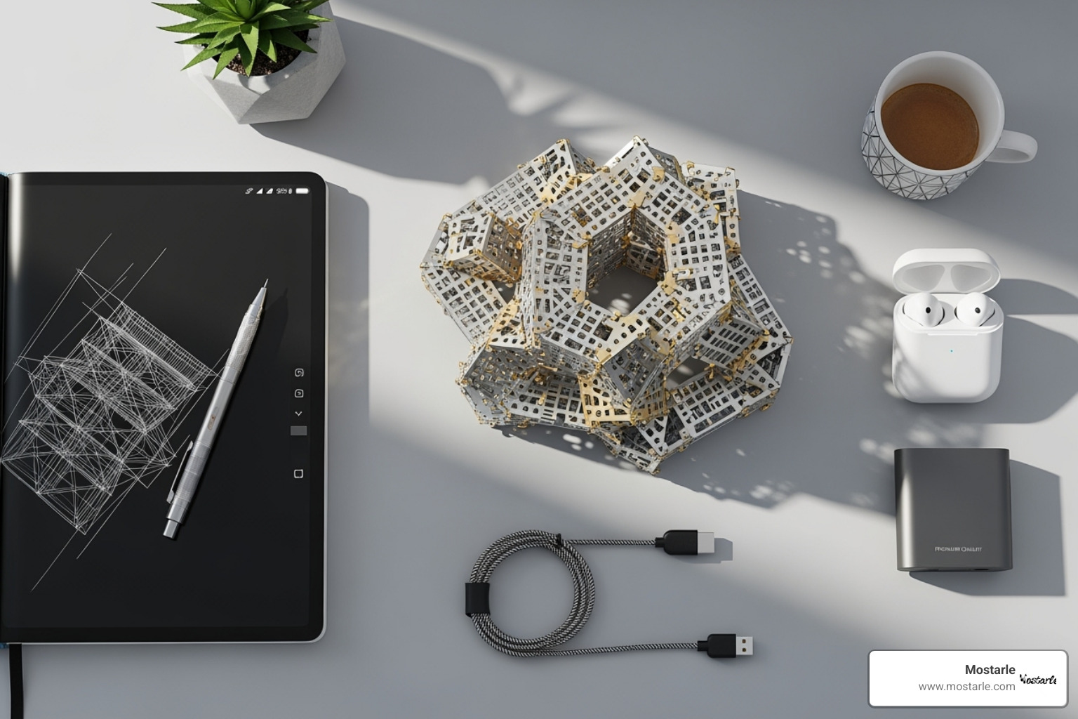 a collection of Mostarle-approved tech gadgets like a 3D metal puzzle, a smart notebook, and a mechanical pencil - gifts for engineers