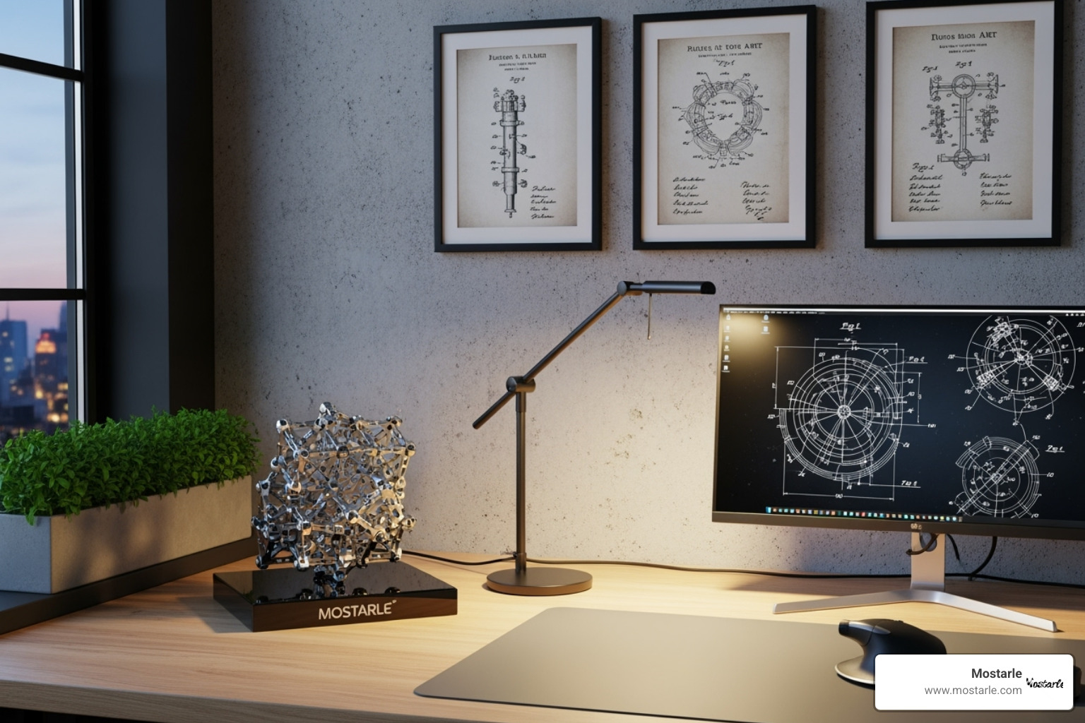 a well-organized, modern engineering desk featuring a Mostarle 3D metal puzzle, ergonomic mouse, quality desk lamp, and patent art - gifts for engineers