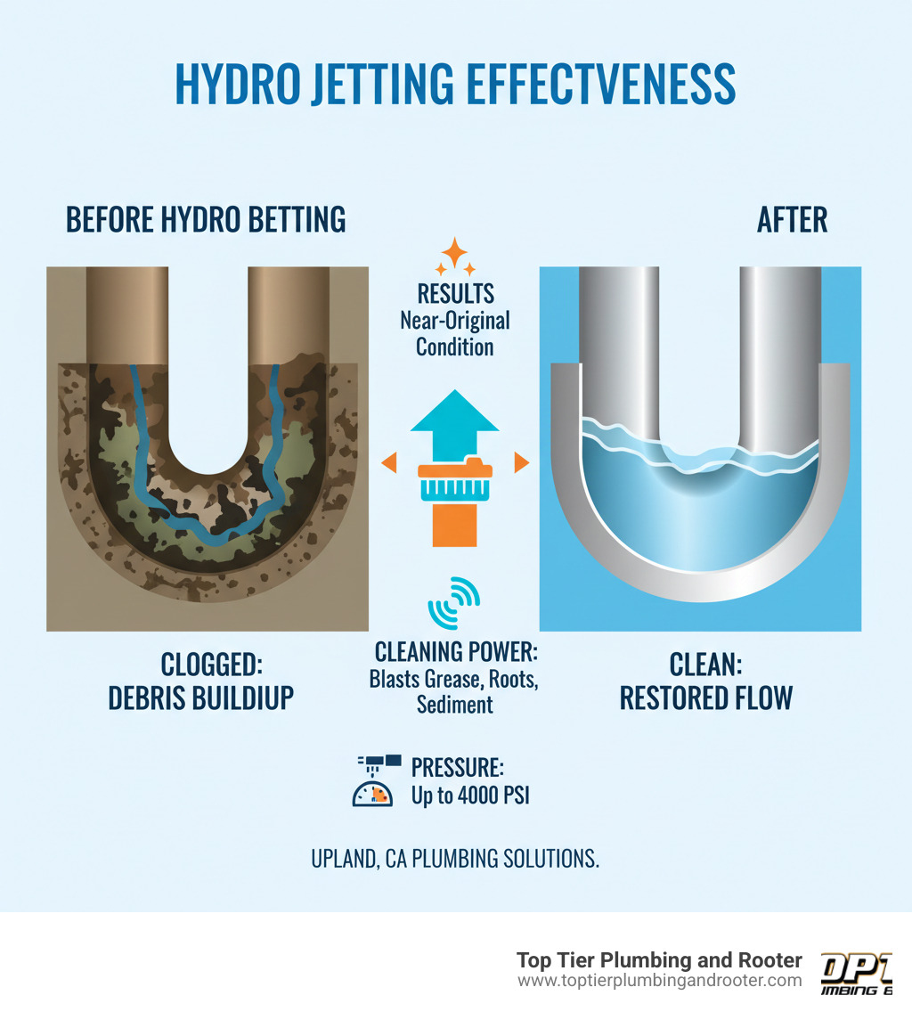 Infographic showing hydro jetting effectiveness with before and after pipe cross-sections, displaying clean pipes versus clogged pipes with debris buildup, including pressure ratings and cleaning capabilities - hydrojetting Upland CA infographic 