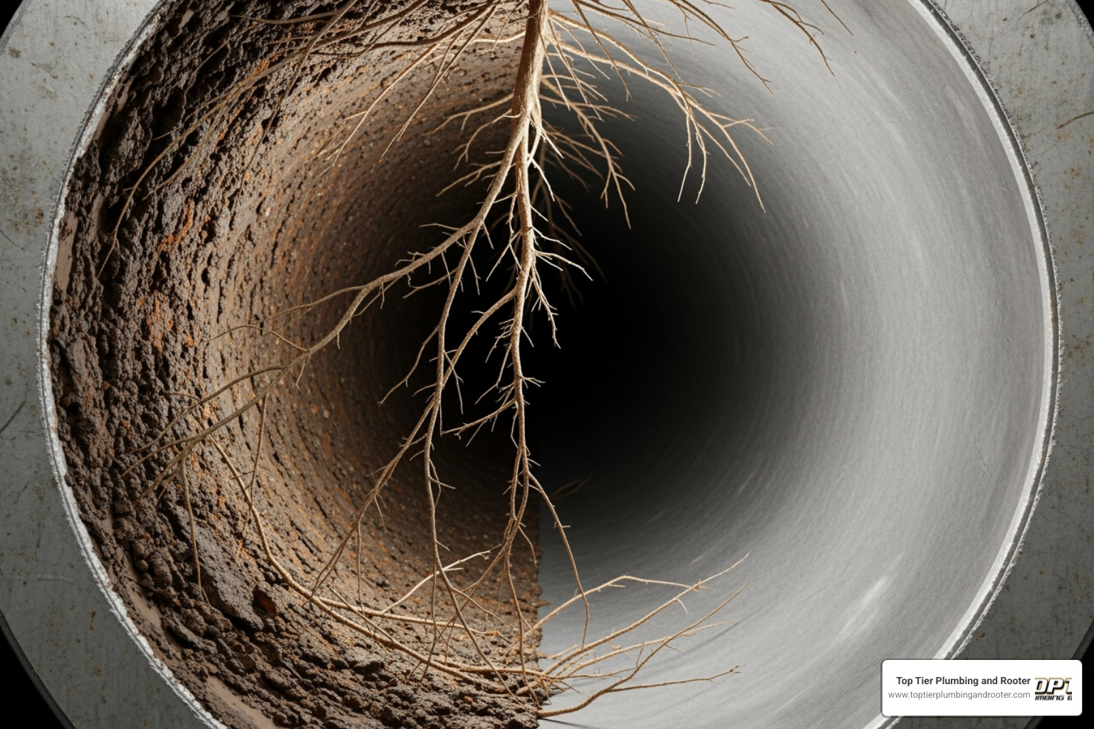 A visual comparison of a pipe before and after hydro jetting, showing the thick layer of grime and roots removed, revealing a pristine interior - hydrojetting Upland CA