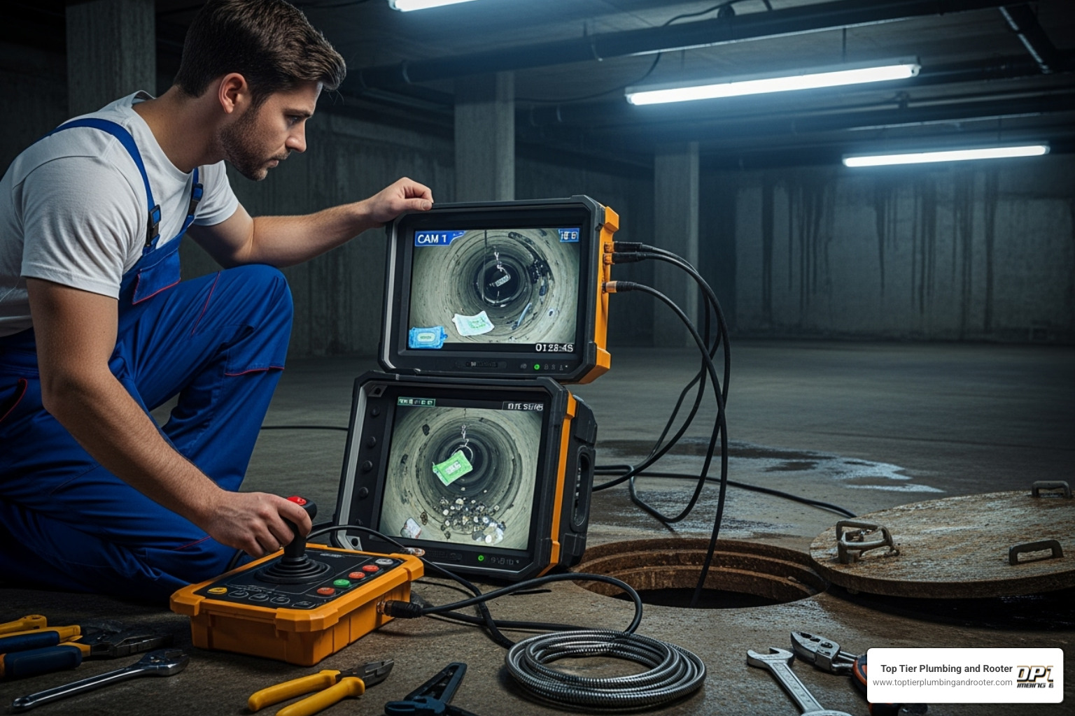 A technician viewing a sewer camera inspection on a monitor, showing the inside of a pipe with some debris - hydrojetting Upland CA