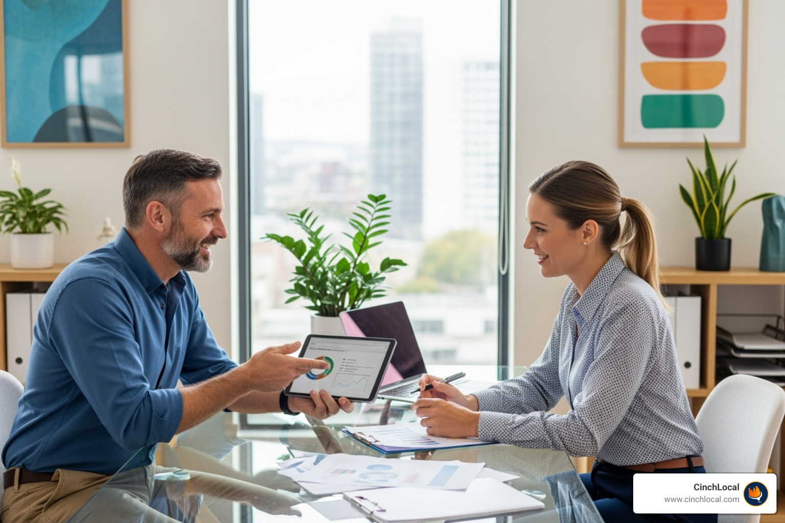 Contractor having a positive consultation meeting with a marketing expert, discussing business goals - Roofing SEO experts