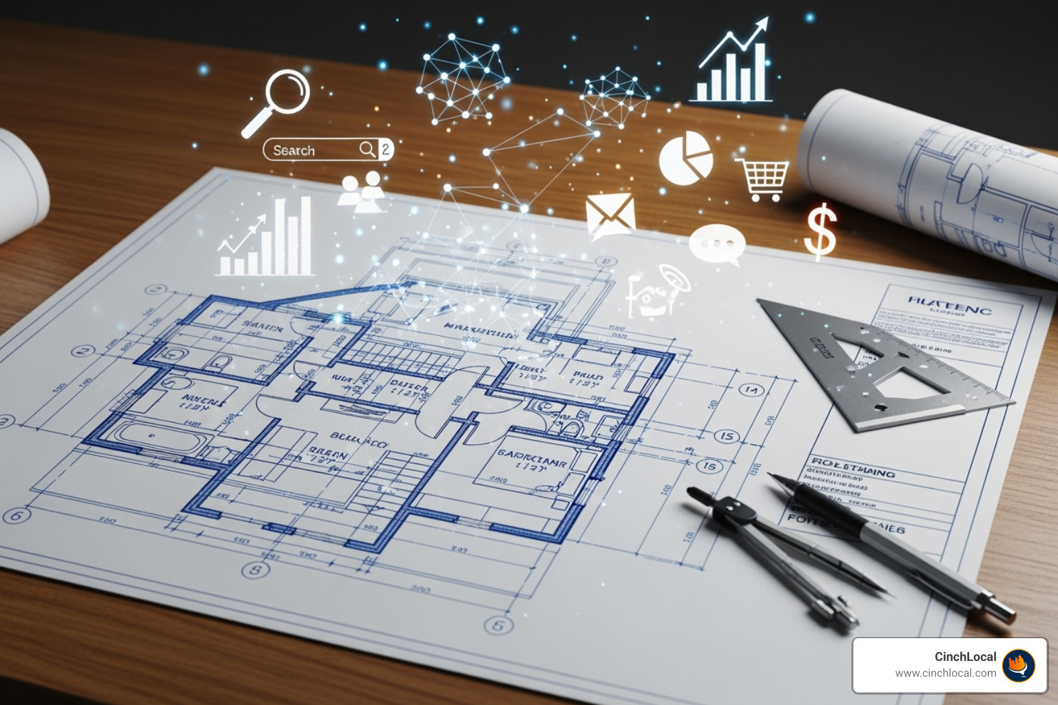 Blueprint for a house with SEO terms overlaid, illustrating foundational digital marketing strategies - Roofing SEO experts