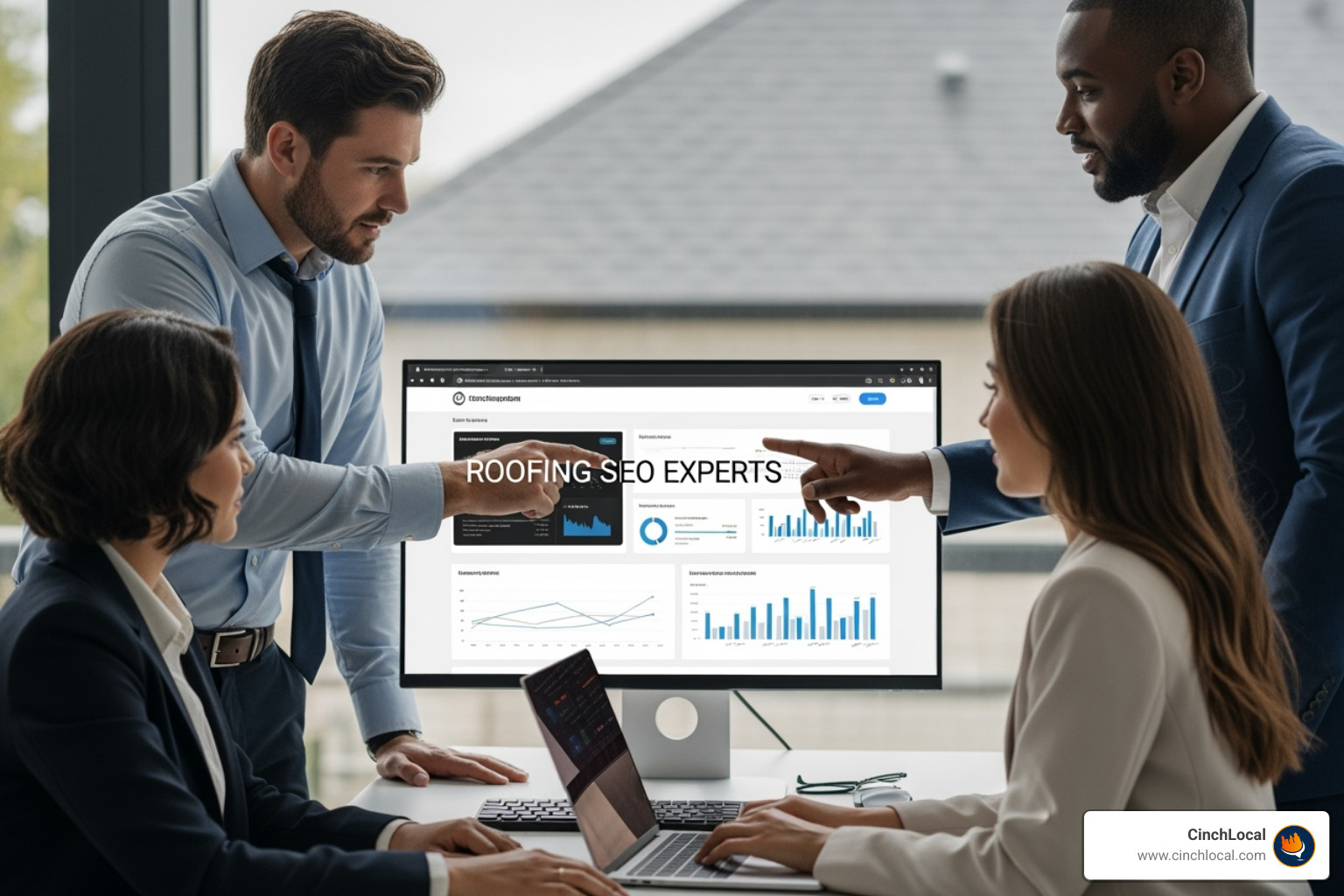 Digital marketing dashboard showing KPIs like traffic, leads, and rankings - Roofing SEO experts