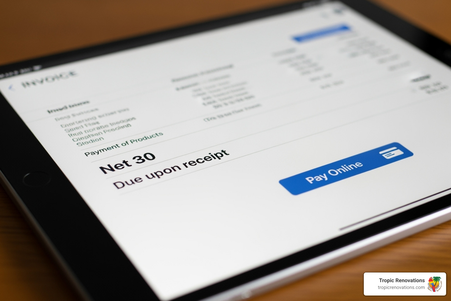 A screenshot of a digital invoice on a tablet, with payment terms clearly visible and highlighted, alongside an option for online payment. - What are payment terms?
