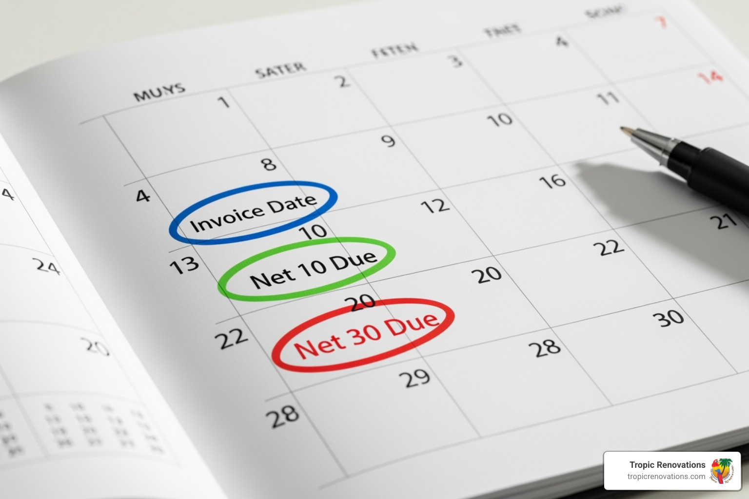 A calendar highlighting two dates: the invoice date, and a date 10 days later circled with "2% Discount if Paid By This Date," followed by a date 30 days from the invoice date with "Full Amount Due By This Date." - What are payment terms?
