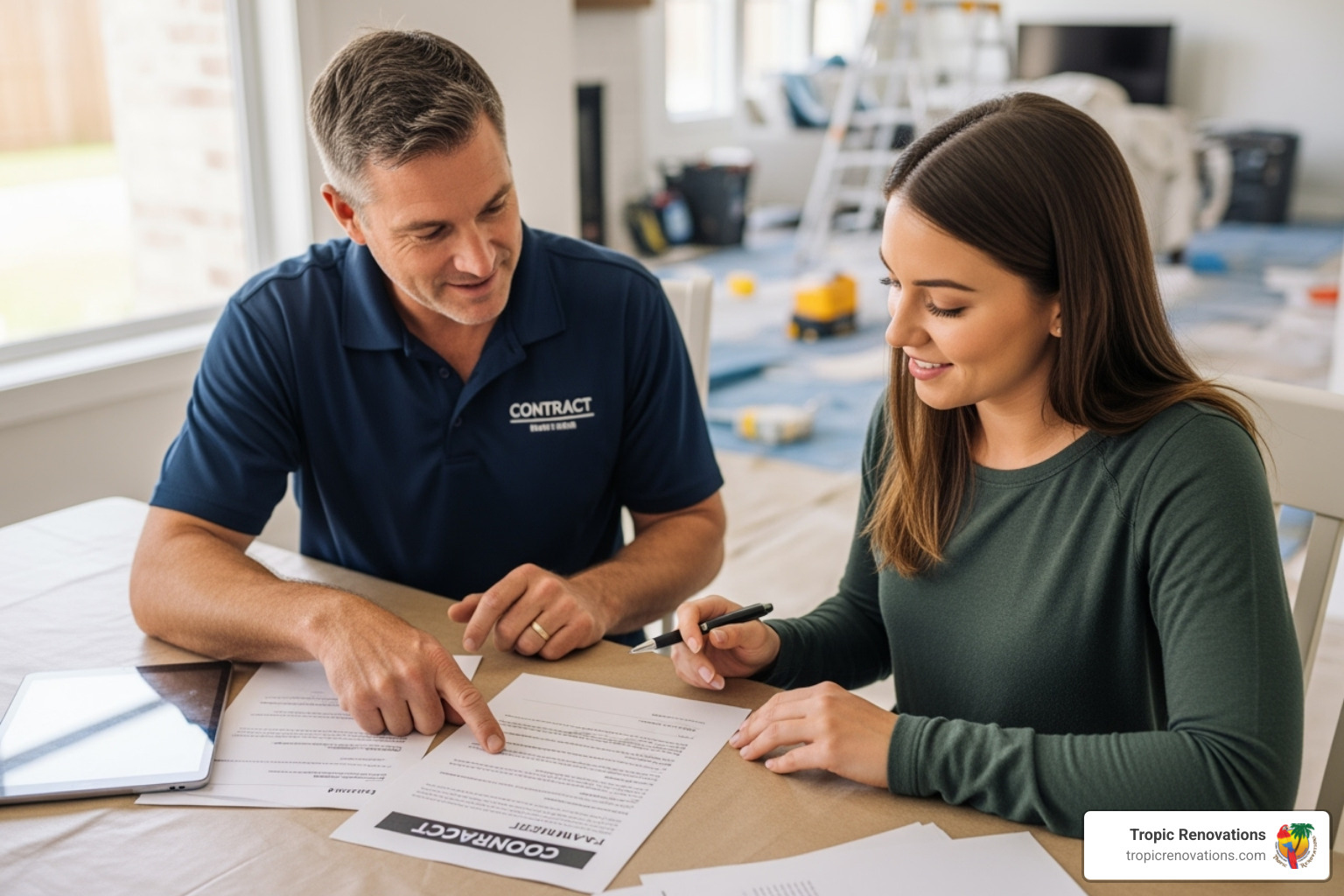 A contractor and a homeowner review a renovation contract together, pointing to a section on payment terms with a friendly, collaborative expression. - What are payment terms?