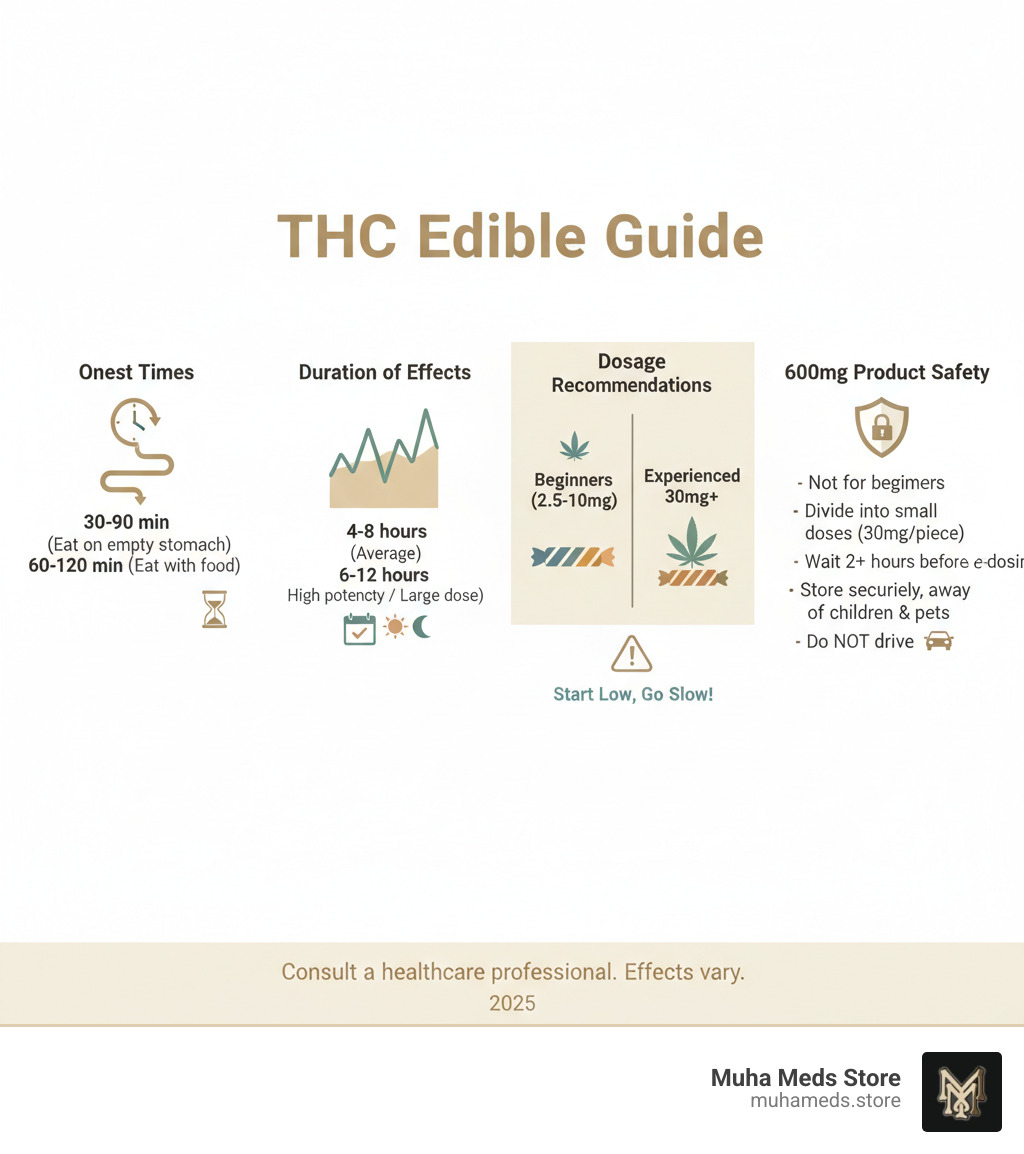 Comprehensive guide showing THC edible onset times, duration of effects, dosage recommendations for beginners vs experienced users, and safety tips for consuming 600mg THC products - Buy Air Heads Xtremes 600mg THC Edible – Extreme Sour Candy Strips online infographic 