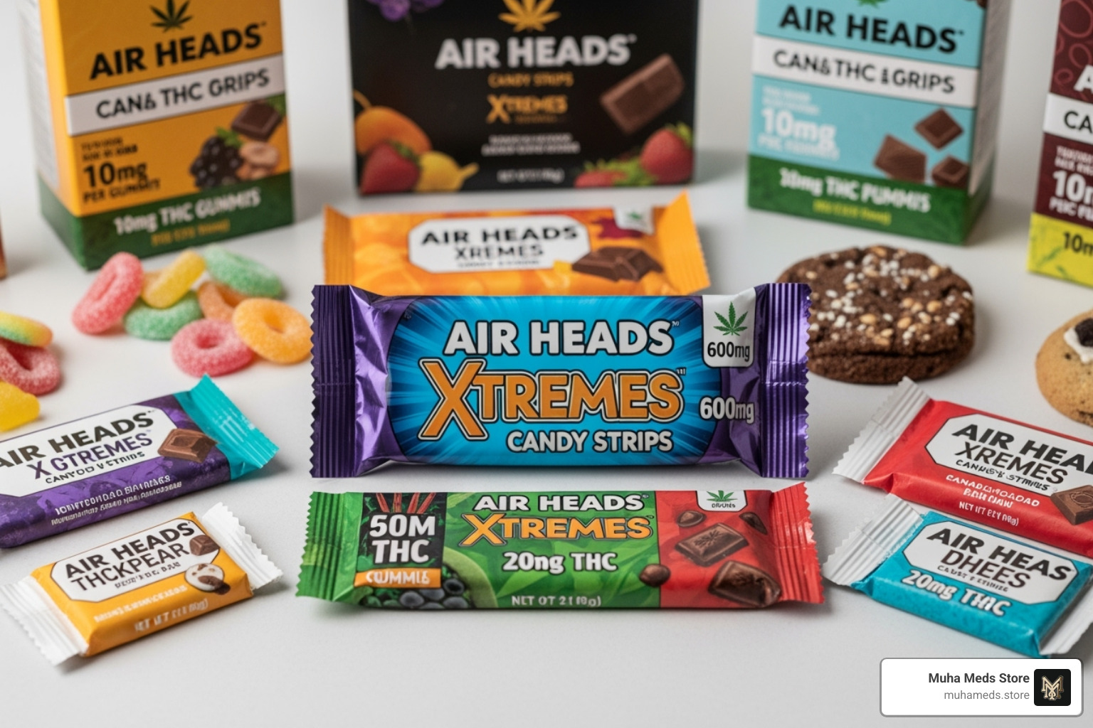 Air Heads Xtremes 600mg product displayed with other Muha Meds Store edibles like gummies and chocolates - Buy Air Heads Xtremes 600mg THC Edible – Extreme Sour Candy Strips online