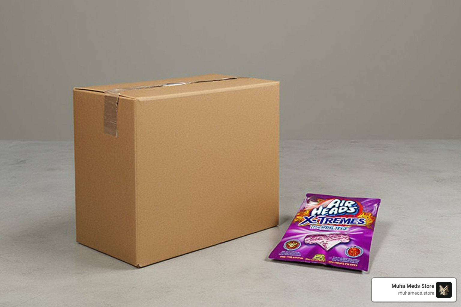 Discreet shipping box next to the product - Buy Air Heads Xtremes 600mg THC Edible – Extreme Sour Candy Strips online
