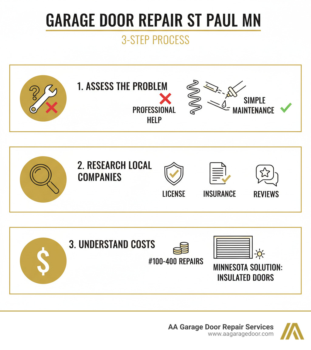 Infographic showing 3-step process: 1) Assess if problem needs professional help with images of broken springs vs simple maintenance, 2) Research local companies with checkmarks for license, insurance, reviews, 3) Understand costs with price ranges $100-400 for repairs and Minnesota-specific solutions like insulated doors - garage door repair St Paul MN infographic 