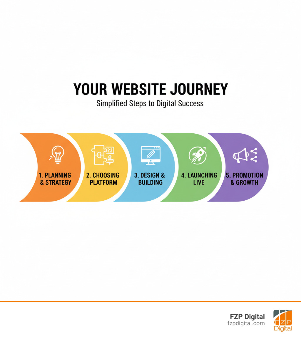 Infographic showing website building journey from planning through choosing platform, designing, launching, and promoting with icons for each step - good site builder infographic 