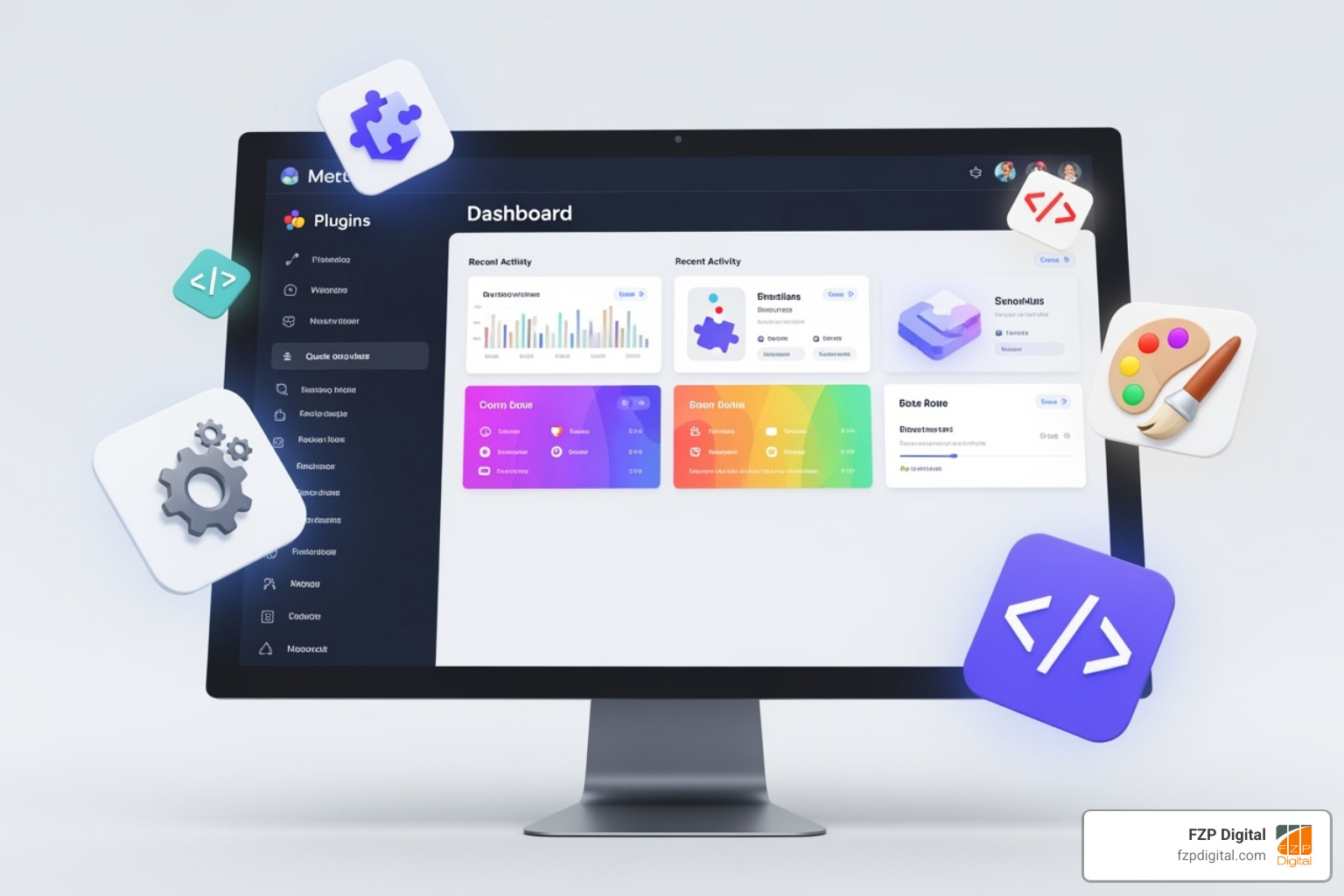 a flexible website dashboard surrounded by icons representing plugins, themes, and code - good site builder