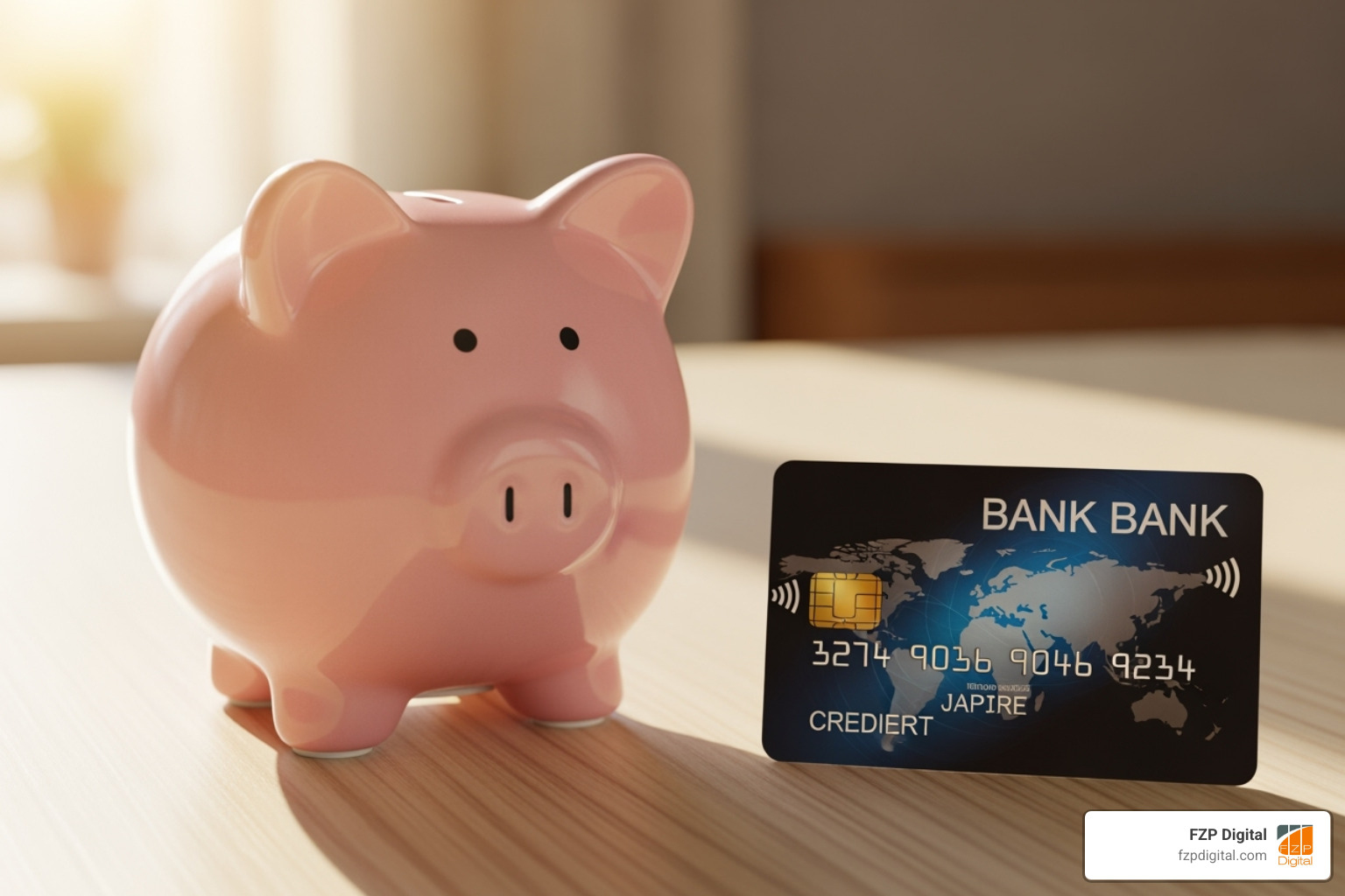 a piggy bank next to a credit card, representing the free vs. paid choice - good site builder