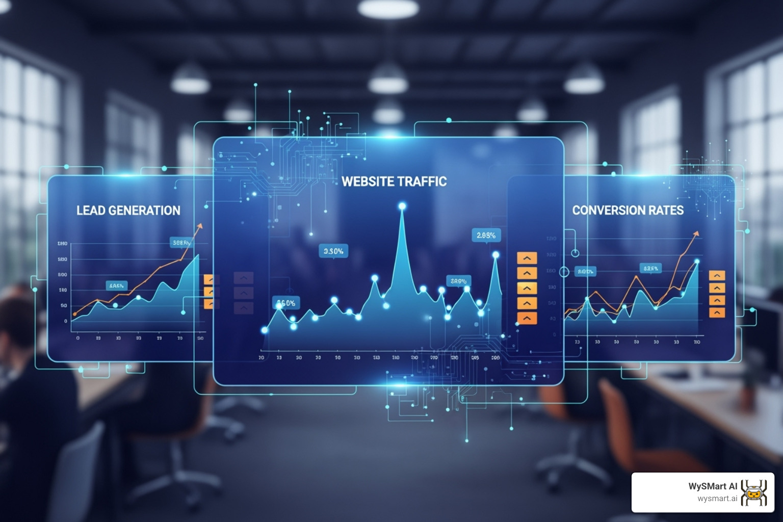 Digital marketing dashboard showing upward trends in website traffic, lead generation, and conversion rates, with AI elements highlighting data insights - Content marketing for roofers Digital marketing dashboard showing upward trends in website traffic, lead generation, and conversion rates, with AI elements highlighting data insights - Content marketing for roofers