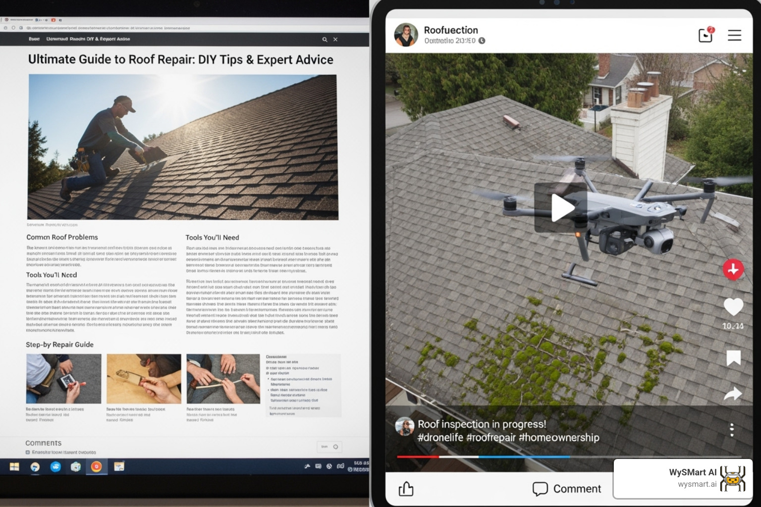 Split screen showing a blog post on one side about roof repair and a social media video on the other showcasing a drone inspection - Content marketing for roofers Split screen showing a blog post on one side about roof repair and a social media video on the other showcasing a drone inspection - Content marketing for roofers