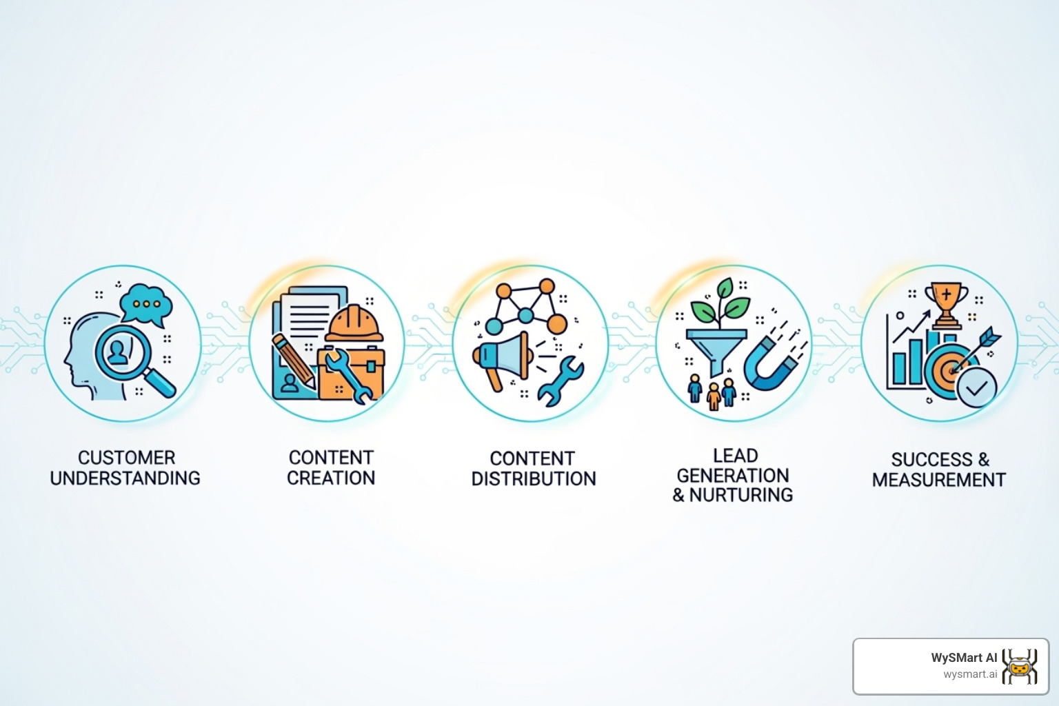 AI-powered flowchart showing content marketing strategy steps for roofers: Know Your Customer -> Create Content -> Distribute Content -> Capture & Nurture Leads -> Measure Success - Content marketing for roofers AI-powered flowchart showing content marketing strategy steps for roofers: Know Your Customer -> Create Content -> Distribute Content -> Capture & Nurture Leads -> Measure Success - Content marketing for roofers