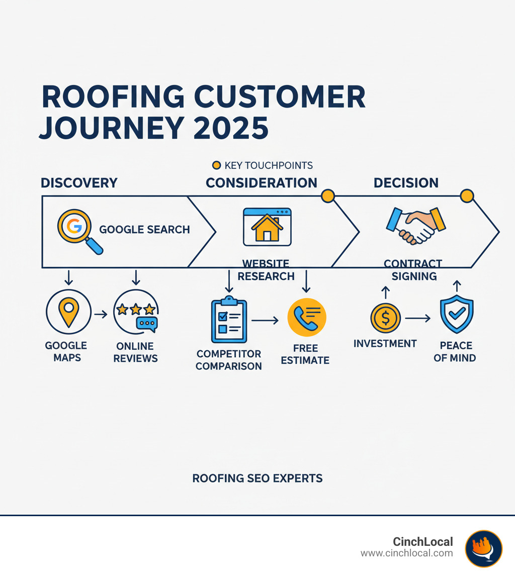 Infographic showing the modern customer journey for roofing services, from initial Google search through research phase to final contract signing, with key touchpoints like Google Maps, reviews, and website conversion - Roofing SEO experts infographic infographic-line-5-steps-colors