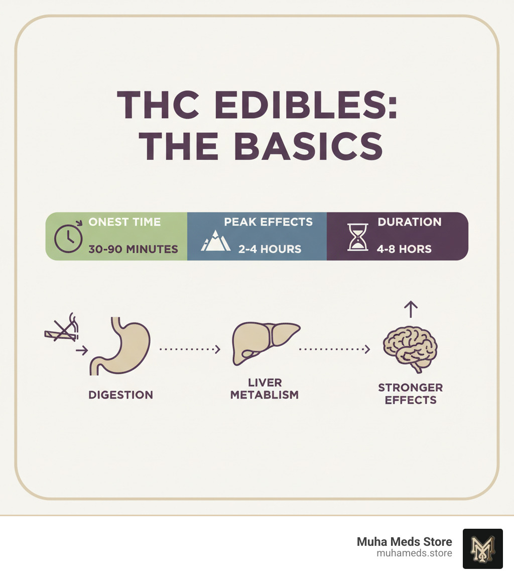 Infographic showing THC edibles basics including onset time of 30-90 minutes, peak effects at 2-4 hours, duration of 4-8 hours, and how edibles are processed through digestion and liver metabolism to create stronger effects than smoking - Buy Chupa Chups Strawberry Belts THC Edible – 600mg Sweet Gummies infographic 