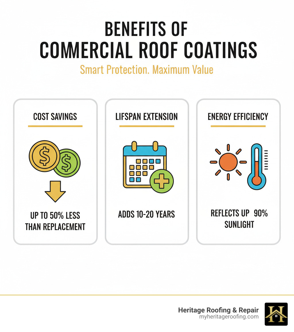 Infographic showing three main benefits of commercial roof coatings: 1) Cost Savings - up to 50% less than replacement with dollar signs and downward arrow, 2) Lifespan Extension - adds 10-20 years with calendar icons and plus sign, 3) Energy Efficiency - reflects up to 90% sunlight with sun and thermometer showing reduced temperature - commercial roof coating infographic 