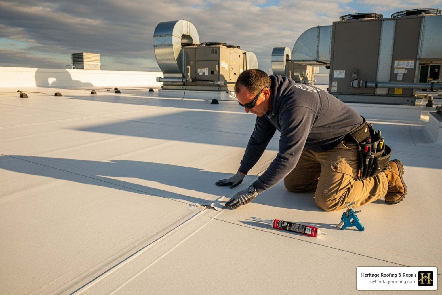 roofer performing a routine maintenance check on a coated roof - commercial roof coating
