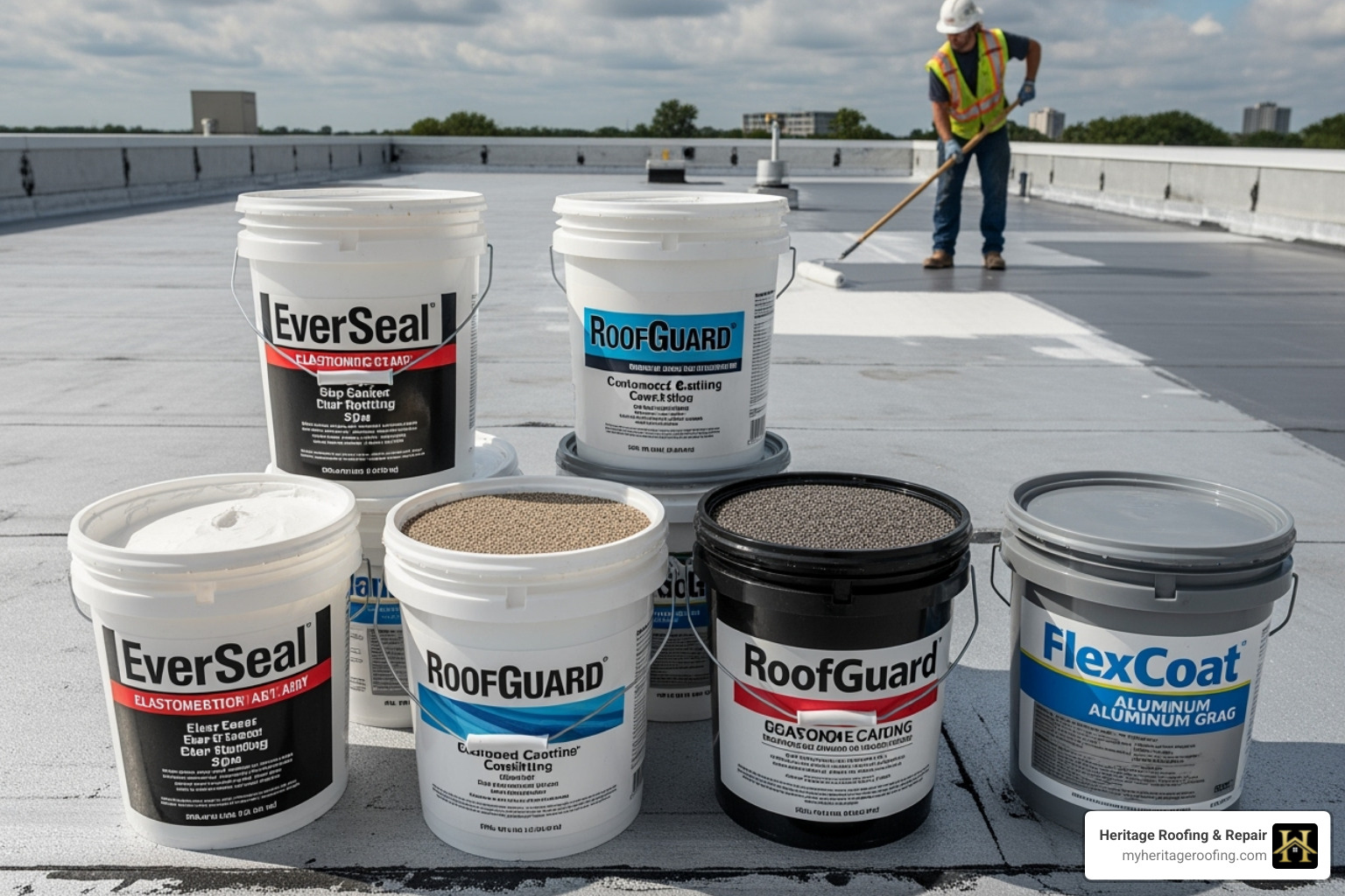 different coating types in buckets or being applied - commercial roof coating