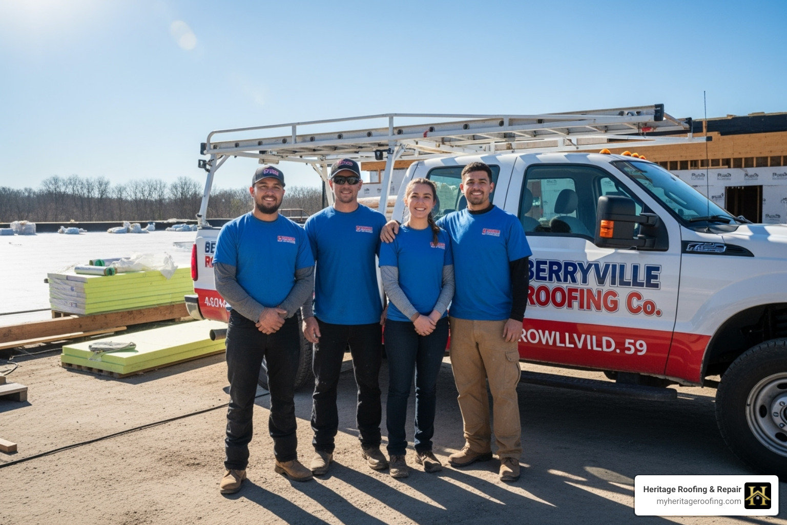 Heritage Roofing & Repair team or a branded truck - commercial roof coating