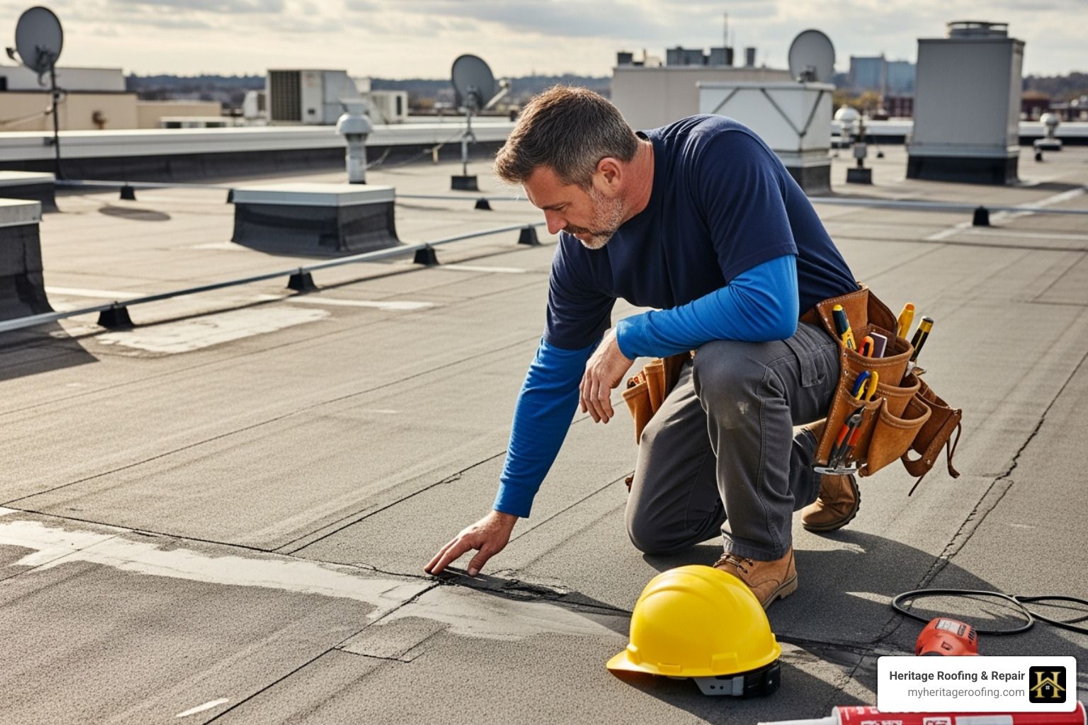 professional roofer inspecting a commercial roof before coating - commercial roof coating