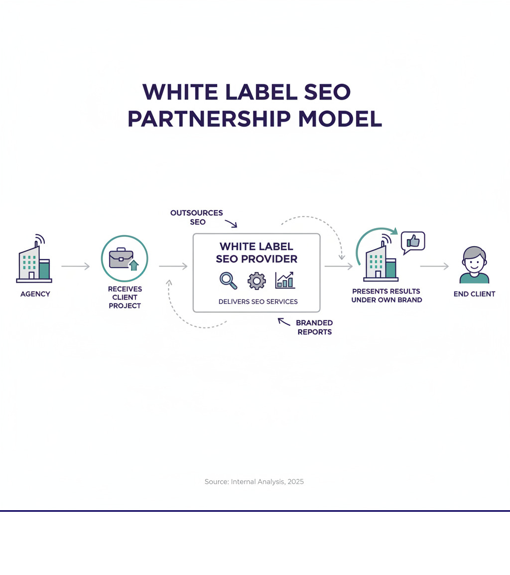 Infographic showing the white label SEO partnership model: Agency receives client project, partners with white label SEO provider who delivers services, agency presents results under their own brand to the end client - how to choose a white label seo agency infographic 
