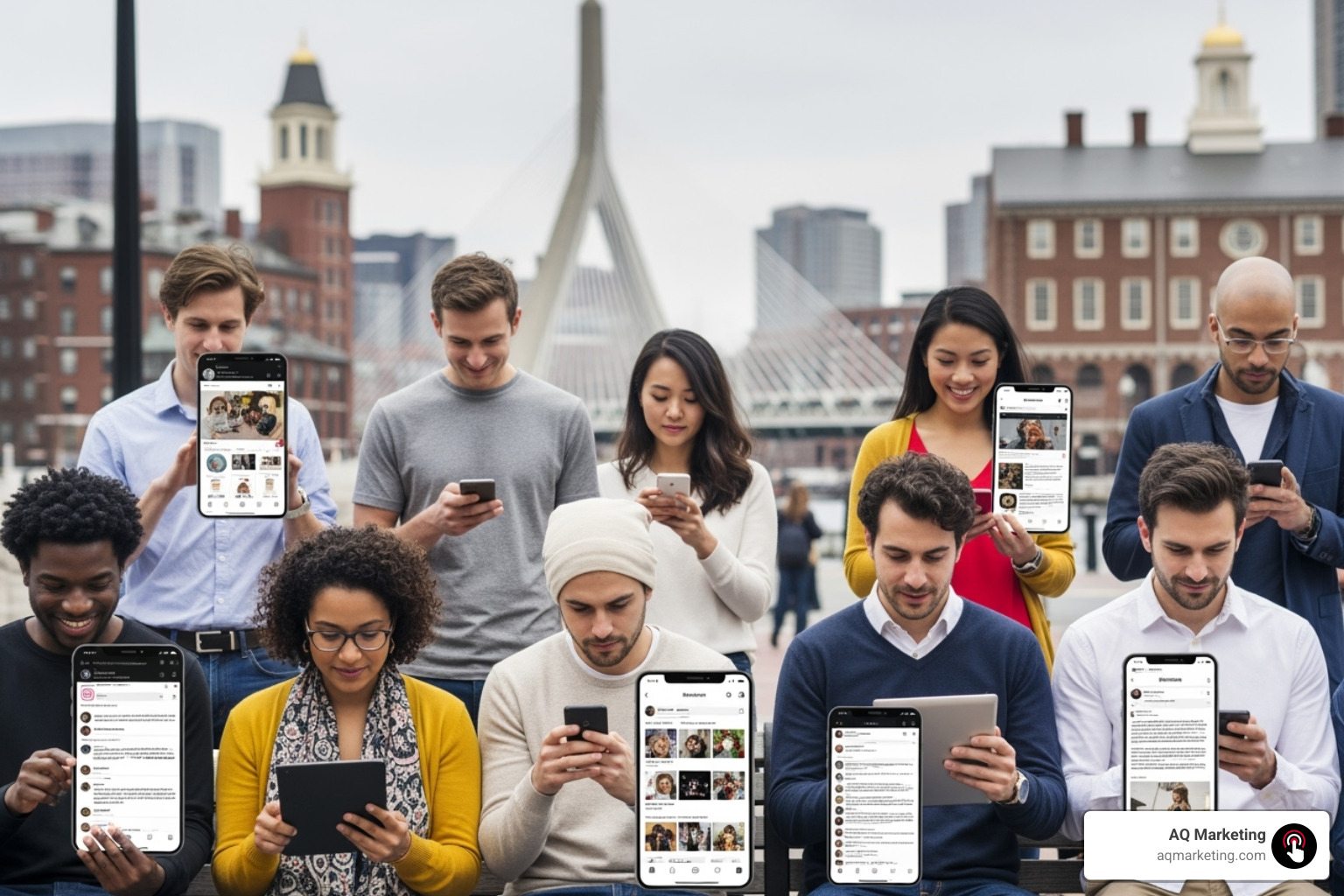 People engaging with social media content on various devices, with Boston landmarks in the background - Boost online visibility People engaging with social media content on various devices, with Boston landmarks in the background - Boost online visibility