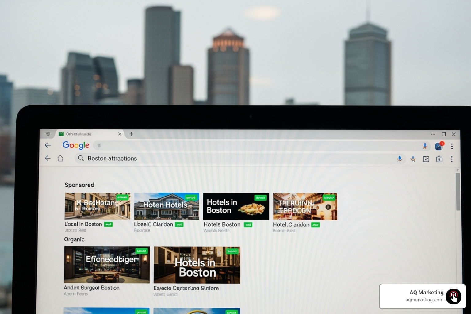 PPC ad result on a Google search page with a Boston skyline in the background - Boost online visibility PPC ad result on a Google search page with a Boston skyline in the background - Boost online visibility