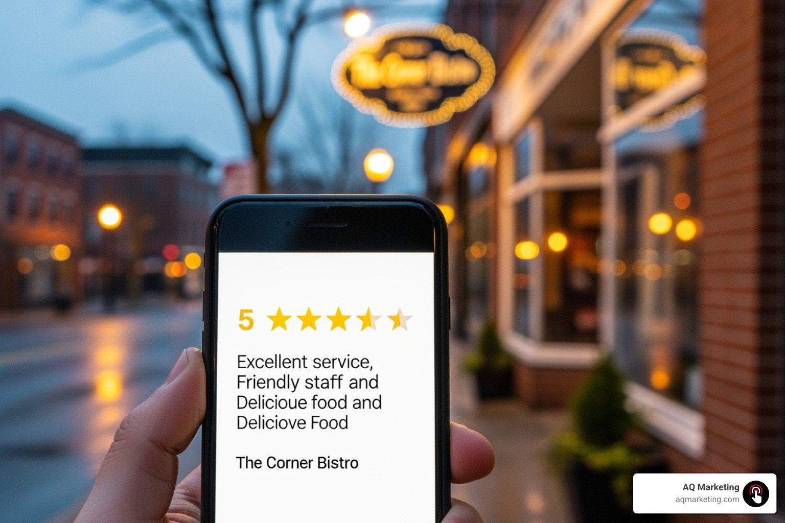 Smartphone showing a 5-star review, with a blurred backdrop of a local business in Woburn - Boost online visibility Smartphone showing a 5-star review, with a blurred backdrop of a local business in Woburn - Boost online visibility