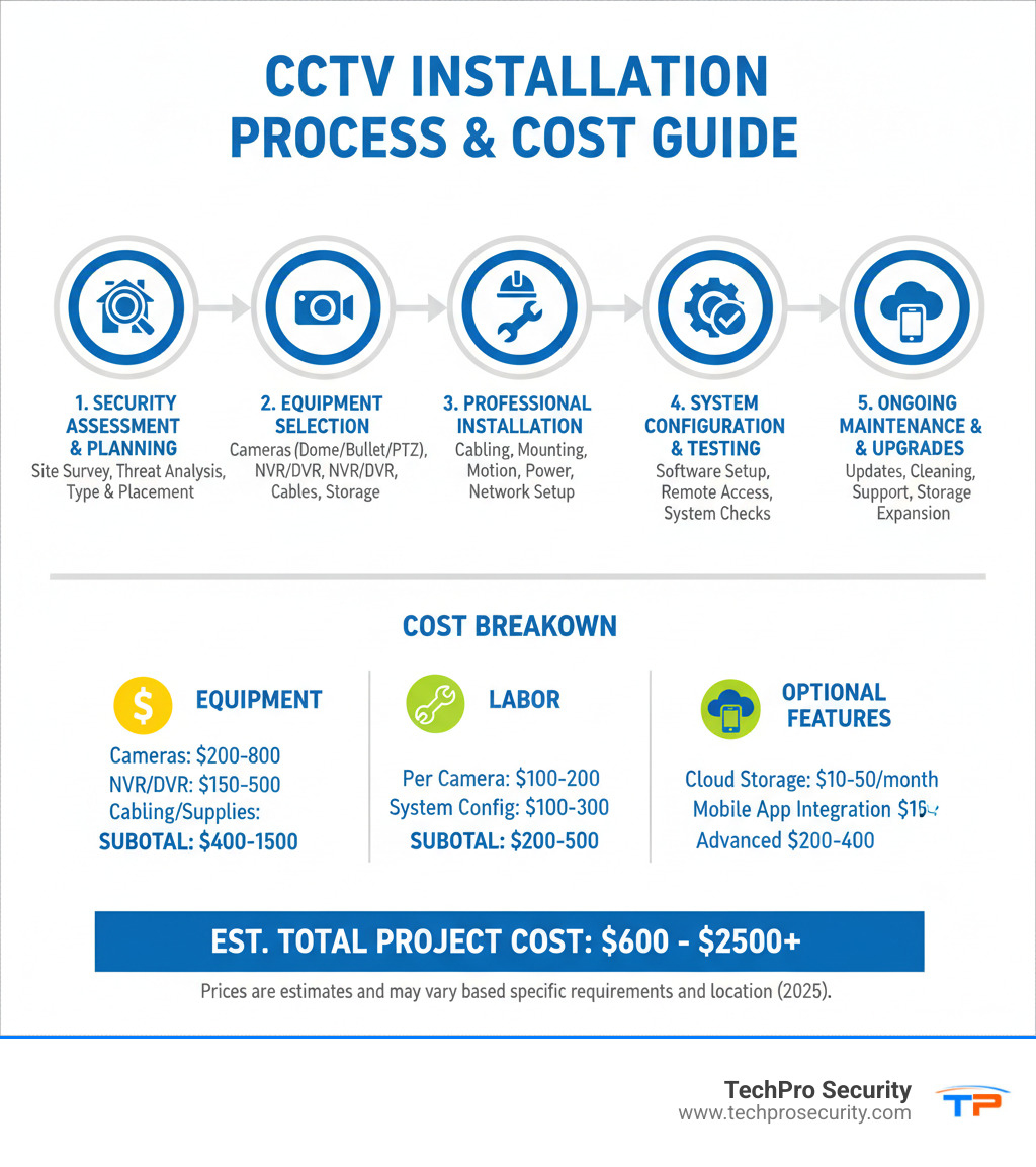 Comprehensive CCTV installation process infographic showing the complete workflow from initial security assessment and camera selection through professional installation, system configuration, testing, and ongoing maintenance, with cost breakdowns for equipment, labor, and additional features like cloud storage and mobile app integration - cctv installation infographic  Comprehensive CCTV installation process infographic showing the complete workflow from initial security assessment and camera selection through professional installation, system configuration, testing, and ongoing maintenance, with cost breakdowns for equipment, labor, and additional features like cloud storage and mobile app integration - cctv installation infographic