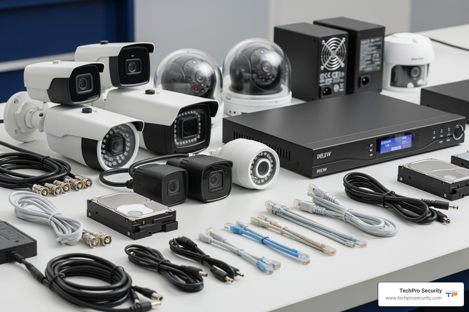 Core components of a CCTV system laid out, including cameras, DVR/NVR, hard drives, cables, power supply, and monitor - cctv installation Core components of a CCTV system laid out, including cameras, DVR/NVR, hard drives, cables, power supply, and monitor - cctv installation