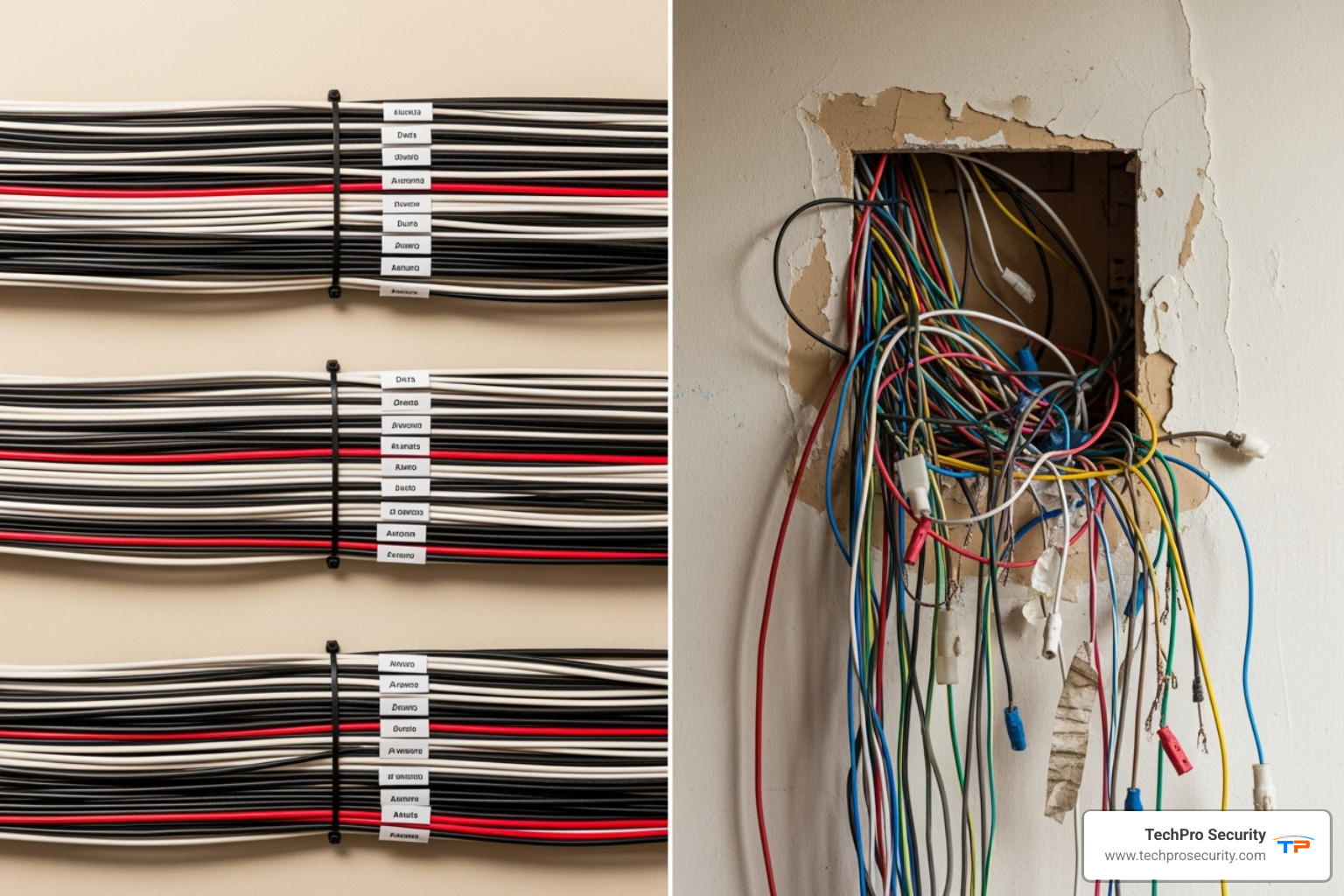 Comparison of a professionally installed, neat wiring setup versus a tangled, messy DIY wiring job - cctv installation Comparison of a professionally installed, neat wiring setup versus a tangled, messy DIY wiring job - cctv installation