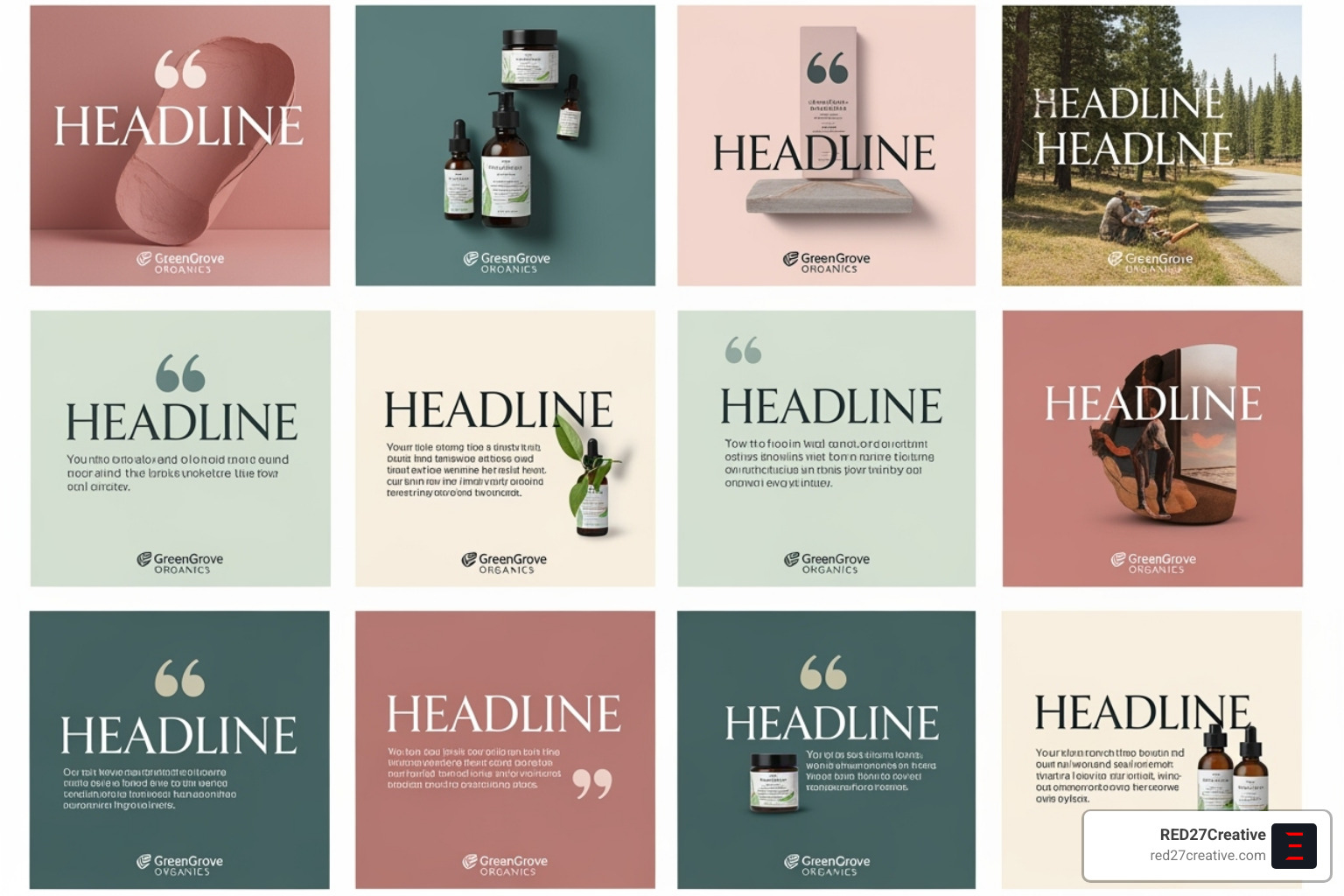 A consistent brand Instagram feed showcasing uniform color palette, typography, and logo placement across multiple posts - Marketing visual content A consistent brand Instagram feed showcasing uniform color palette, typography, and logo placement across multiple posts - Marketing visual content