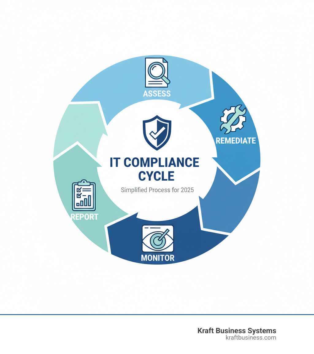 Infographic explaining the cycle of IT compliance: Assess -> Remediate -> Monitor -> Report - it compliance services infographic 