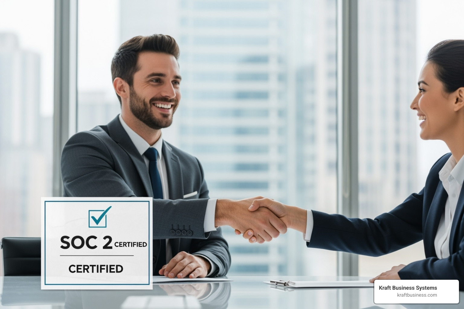 businessperson shaking hands with a client, with a SOC 2 Certified badge in the background - it compliance services
