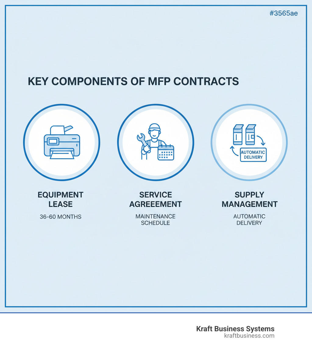 Infographic showing the three core components of MFP contracts: Equipment Lease (showing a printer with lease terms 36-60 months), Service Agreement (showing a technician with wrench and maintenance schedule), and Supply Management (showing toner cartridges and automatic delivery) - Multifunction printer contracts infographic 