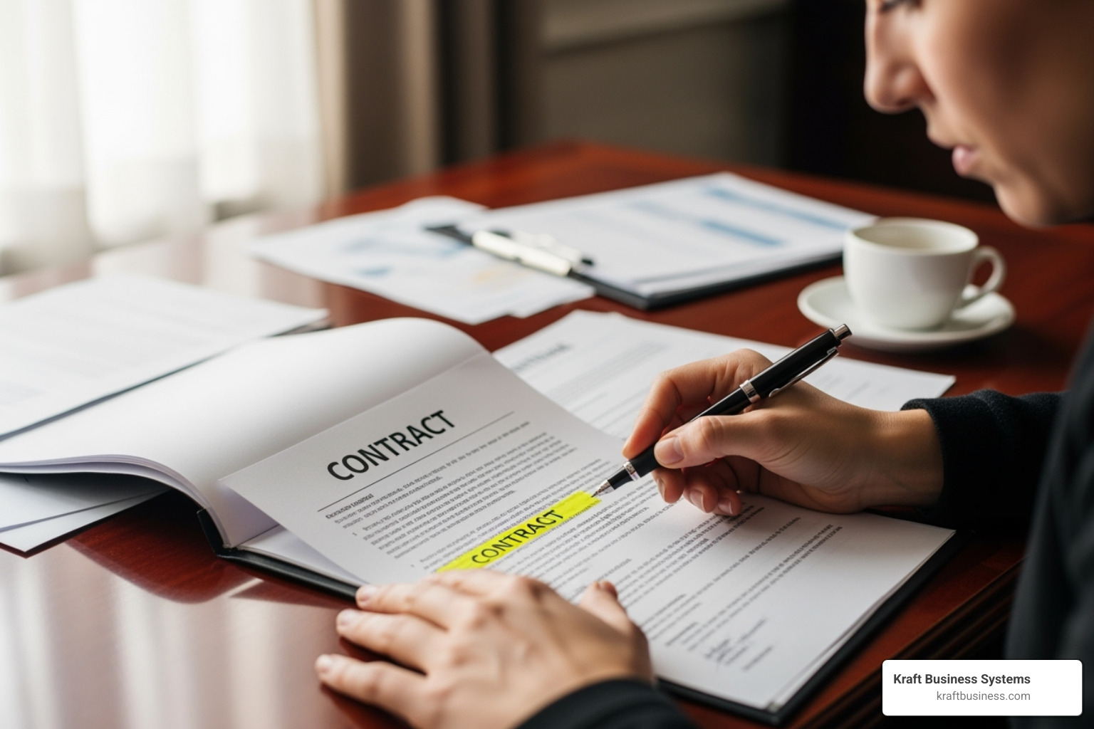 person carefully reviewing a contract with a pen, highlighting a section - Multifunction printer contracts
