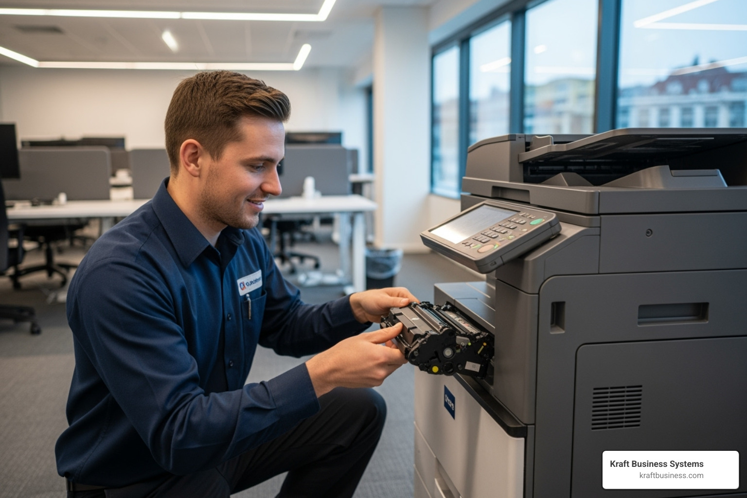 service technician replacing a toner cartridge in a large office MFP - Multifunction printer contracts