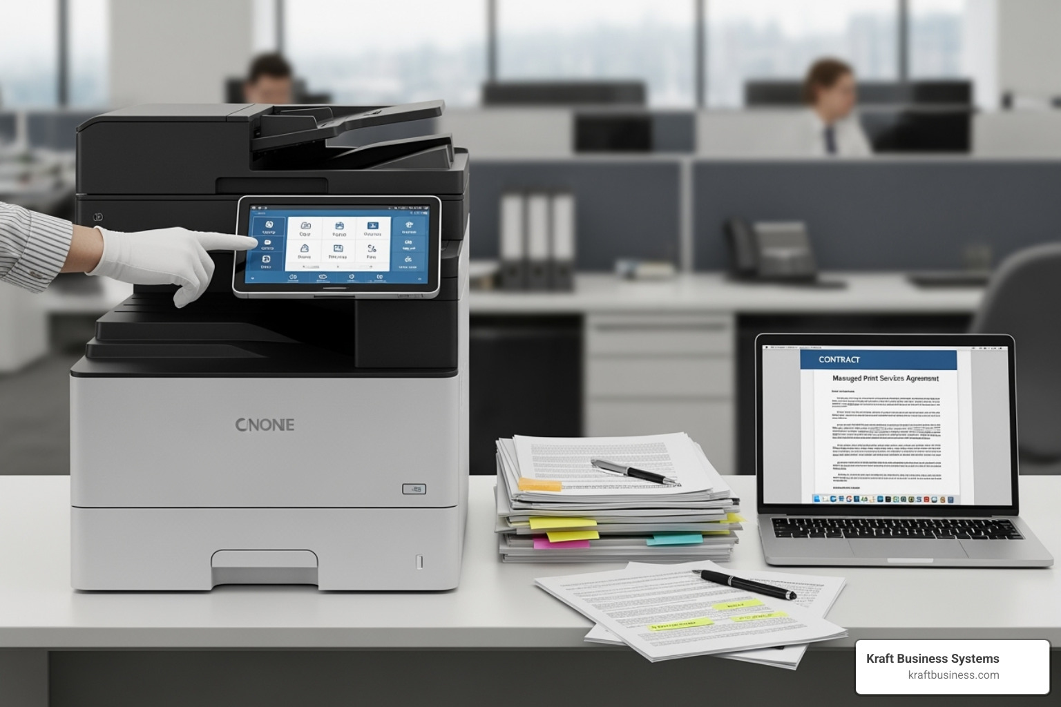 sample contract document with key terms like "FMV," "Overage Fees," and "Term Length" highlighted with definitions - Multifunction printer contracts