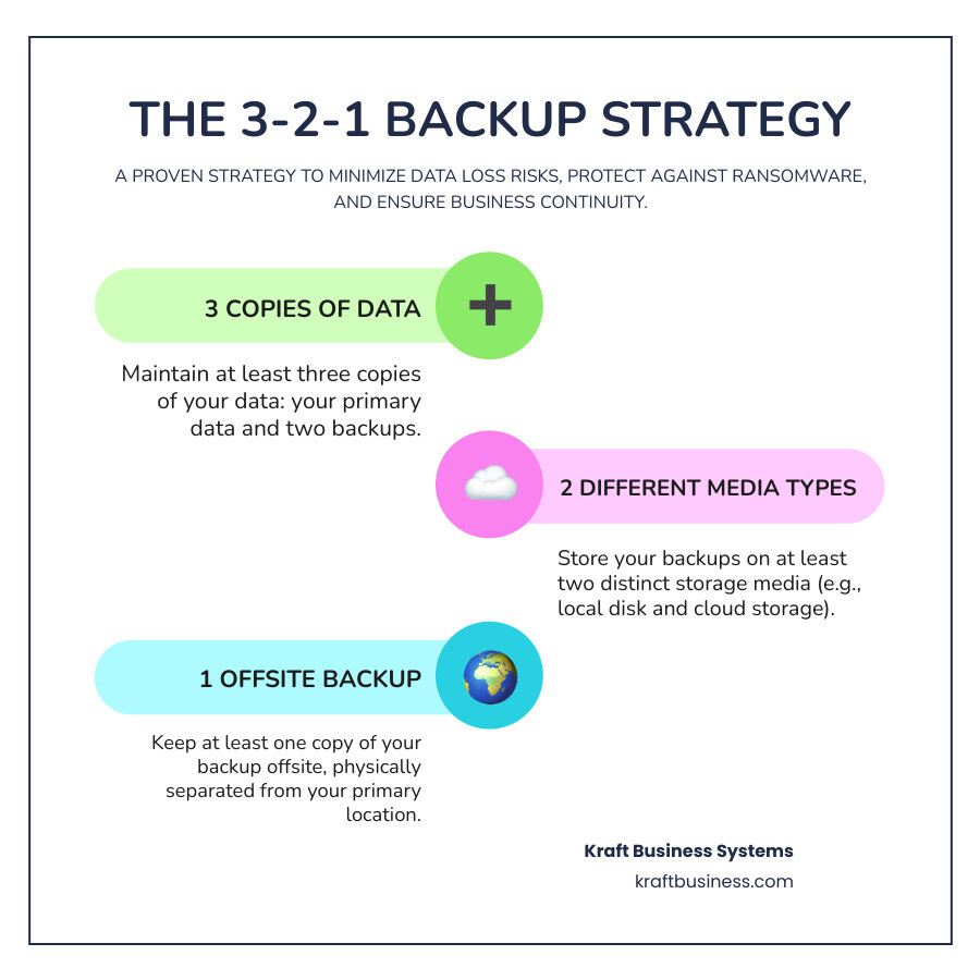 Infographic showing the 3-2-1 backup strategy with icons representing 3 copies of data, 2 different storage media types, and 1 offsite backup location, along with benefits like ransomware protection, disaster recovery, and business continuity - secure cloud backup services infographic infographic-line-3-steps-colors Infographic showing the 3-2-1 backup strategy with icons representing 3 copies of data, 2 different storage media types, and 1 offsite backup location, along with benefits like ransomware protection, disaster recovery, and business continuity - secure cloud backup services infographic infographic-line-3-steps-colors